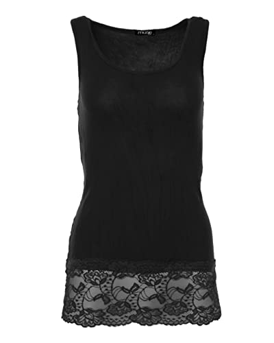Easy Young Fashion - Damen Trägertop mit Spitzensaum - langes Unterziehshirt Skinny Fit 0518 (Schwarz M/L)