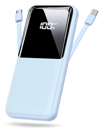 Tragbares Ladegerät mit 15000mAh, Schnelllade-Powerbank mit 2 integrierten Kabeln und 3 Anschlüssen, Akkupack kompatibel mit iPhone 16/15/14/13, Android und mehr, Blau