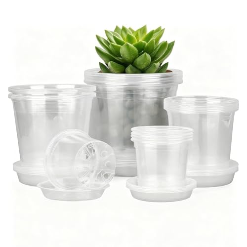 URPIZY 25 St¨¹ck Durchsichtige Kunststoff Pflanztopf Set mit Untersetzer und Ablaufl?Chern, 3,5-7 Zoll T?pfe f¨¹r Zimmerpflanzen Garten Innen Au?en