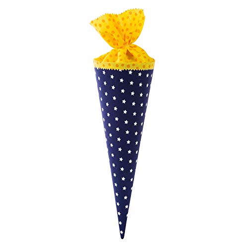 goldbuch 93 552 Geschwistertüte aus Stoff, dunkelblaue Schultüte mit blauen Sternen, Geschenkverpackung mit gelbem Filzverschluss (ohne Verschlussband), Zuckertüte rund, Länge 35 cm, Ø 11,5 cm, Blau