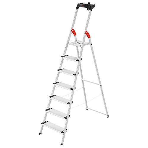 Hailo L80 ComfortLine Alu-Sicherheits-Stehleiter - 7 XXL-Stufen belastbar bis 150 kg - Tiefe Standfläche - Stehleiter mit Ablage - klappbare Aluleiter Made in Germany - Leiter rostfrei - Silber