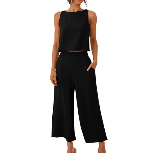 RLEHJN Zweiteiler Damen Sommer,2-teilige Musselin Hosenanzug Ärmellose Tank Tops und Weite Hose Leinenanzug Modische Einfarbig Loungewear Freizeitanzug mit Taschen Baumwolle Jogginganzug Tracksuit