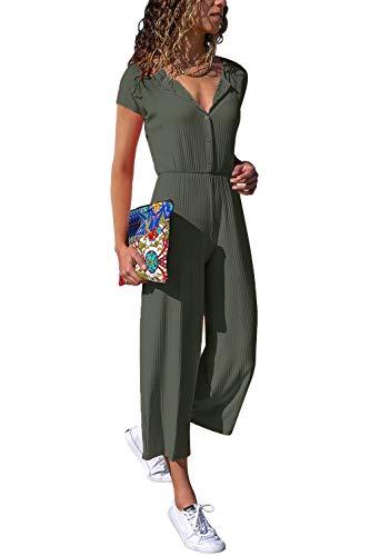 Cassiecy Jumpsuit Damen Elegant Kurzarm Playsuit V-Ausschnitt Casual Lose Overalls Lang Romper (M, Grün)