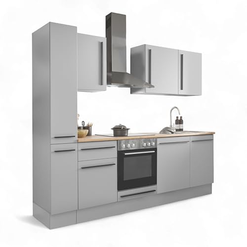 Denver Moderne Küchenzeile ohne Elektrogeräte in Grau, Lancelot Eiche Optik - Geräumige Einbauküche mit viel Stauraum - 250 x 211 x 60 cm (B/H/T)