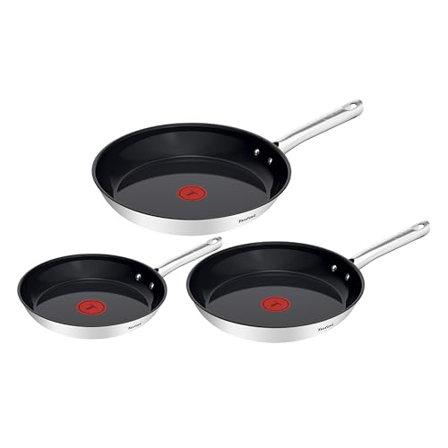 Tefal Duetto On Pfannen-Set, 3-tlg. 20/24/28 cm, Go Ceram keramische Antihaftbeschichtung, Thermo-Signal, genieteter Griff, für alle Herdarten geeignet, Edelstahl, G766S334