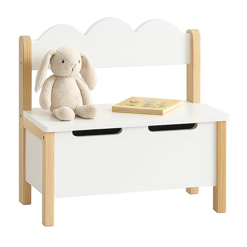 Relaxdays Kinderbank mit Stauraum, Deckel, Rückenlehne, HBT: 60 x 60 x 25 cm, Kinder Sitzbank, Kinderzimmer, weiß/Natur