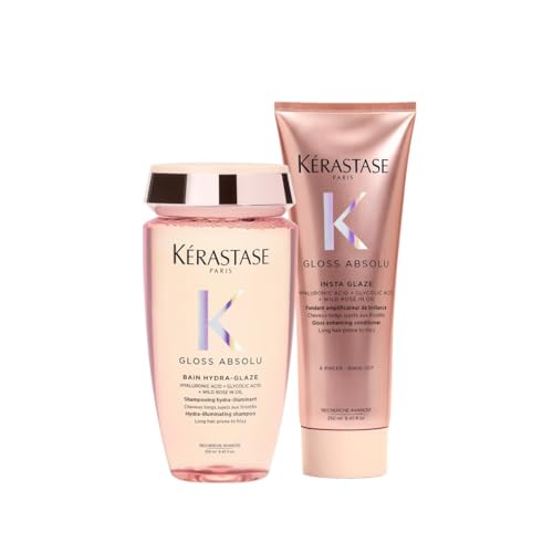 Kérastase Gloss Absolu Pflegeset mit Bain Hydra-Glaze Shampoo (1x250ml) und Fondant Insta Glaze Conditioner (1x250ml) für langes, zu Frizz neigendes Haar, Mit Hyaluronsäure, Glykolsäure & Wildrosenöl