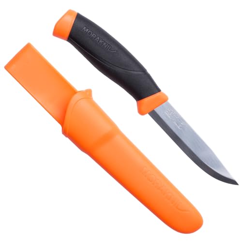 Morakniv Messer - Companion - rostfreier Sandvik Stahl 12C27 - zweifarbiger Griff - neonfarbene Scheide mit Gürtelclip, 134510