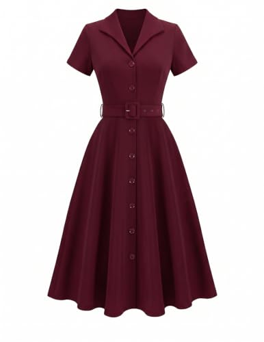 Rockabilly Kleider Damen festlich 50er Jahre Kleider Business Kleid A-Linie Midi Casual Cocktailkleid mit Gürtel Burgundy S