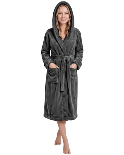 NY Threads Morgenmantel Damen mit Kapuze Fleece Plüsch Weich Bademantel Nachtwäsche Hausmantel (Mittel,Dunkelgrau)