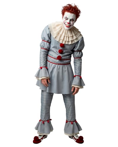 Funidelia Offizielles Pennywise IT Kapitel Zwei Kostüm für Herren mit Hemd, Hose, Kragen und Pompons, IT Anzug für Erwachsene, Karneval, Halloween und Partys – Größe L
