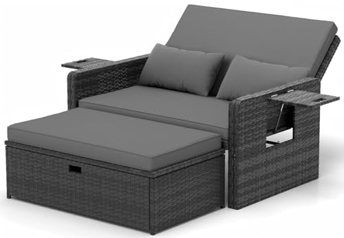 UDPATIO Rattan Lounge Möbel Outdoor, Lounge Balkonmöbel Gartensofa mit Hocker,Rattan Sofa mit Stauraum, Verstellbares 2 Sitzer Garten-Bett für Terrasse,Balkon,Garten,Grau-meliert & Dunkelgraue Bezüge