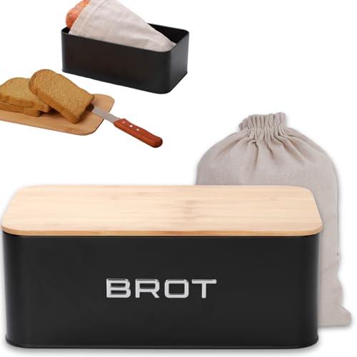 KOOK TIME Brotkästen Metall mit Bambusdeckel – Moderne Brotbox Küche – Brot aufbewahren Inkl. Baumwollbeutel – Belüftungslöcher – Bread box - 34x19x12,5 cm. - Schwarz
