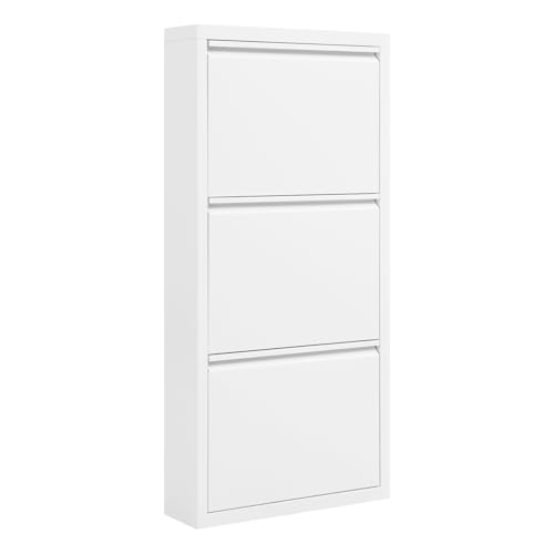 WOLTU Schuhschrank mit 3 Klappen, Schuhregal geschlossen, Schuhkommode schmal, aus Metall, für Flur Diele Wohnzimmer, 50x106x15 cm, Weiß