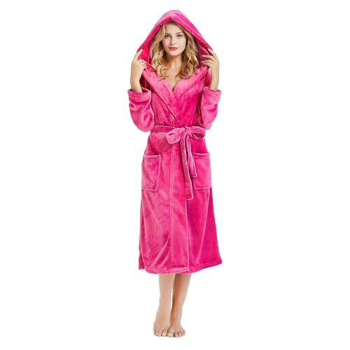 HEARTNICE Damen Fleece Bademantel mit Kapuze, weicher Plüsch Morgenmantel Bädemantel für Damen, flauschig süß Lange Hausmantel (Rosarot, S/M)