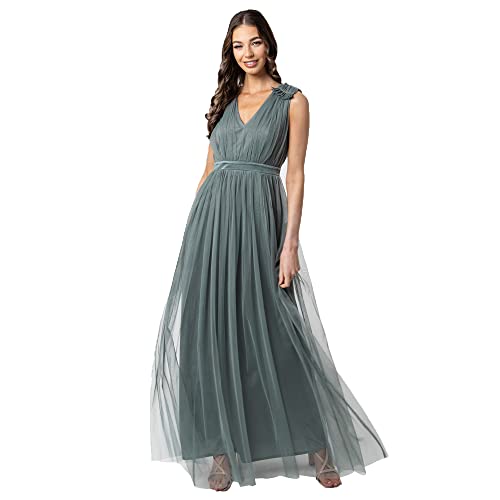 Maya Deluxe Damen Maya Deluxe Women's Maxi With Ruffle V Neck Sleeveless High Empire Waist Long Prom Guest Weddi Bridesmaid Dress, Misty Green, 42 EU