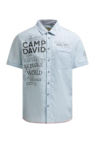 Camp David Herren Kurzarmhemd 100% Baumwolle Regular Fit Webstruktur mit Logo Prints Sommer Freizeithemd Silver Blue, XXL
