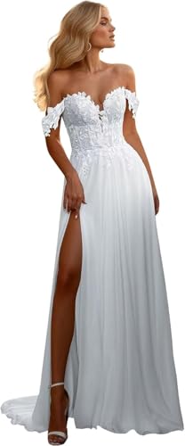 TANPAUL Brautkleider Schulterfrei Spitze Hochzeitskleider Damen Chiffon Standesamt Brautkleid mit Schlitz Weiß 36