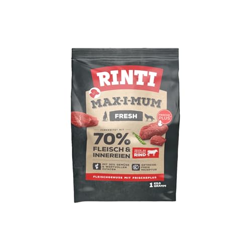 RINTI - Max-i-Mum | Trockenfutter für ausgewachsene Hunde mit 70% Fleisch und Innereien. Getreidefreies Alleinfutter im Beutel mit ausgewogenem Protein-/Fett-Verhältnis | 7x1kg Rind