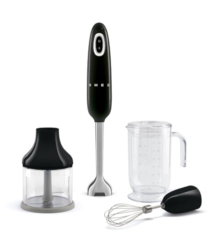 Smeg, Stabmixer HBF03BLEU, Turbo-Funktion und Flowblend-Schneidesystem, mit Rutschfestem Griff, integrierter Kabelaufwicklung, Inklusive Zubehör, 700W Leistung, Schwarz