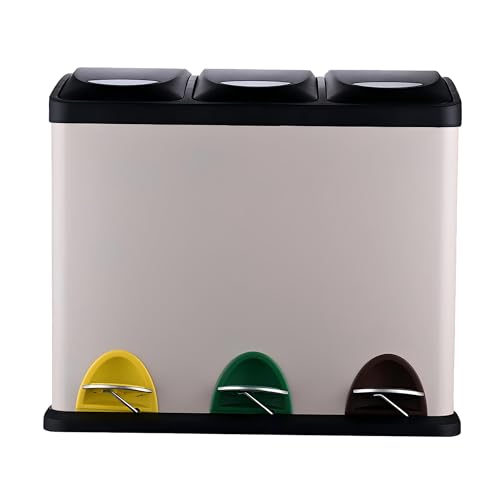 Relaxdays Mülleimer, 3 Fächer, 24 L, Fußpedal, Inneneimer, Mülltrenner Küche, HBT: 39,5 x 46 x 26,5 cm, Eisen, beige