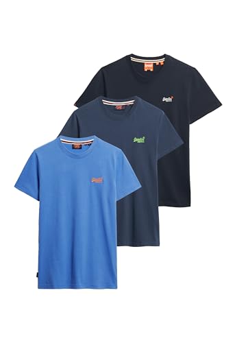 Superdry Herren Essential Logo T-Shirt aus Bio-Baumwolle im Dreierpack Monacoblau/Lauren-Marineblau/Finster Marineblau L