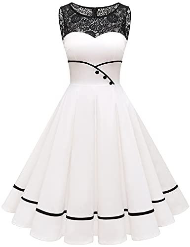 Bbonlinedress Weißes Kleid Damen festliches Kleid Sommerkleid Abendkleider elegant für Hochzeit Rockabilly Kleider cocktailkleid Ivory L