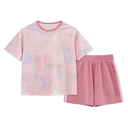 Tilozs Mädchen Kurz Atmungsaktiv Sport Set Kinder Training Jogging Trainingsanzug 2tlg Bekleidungsset, Rosa, 122-128(Größenetikett,130)