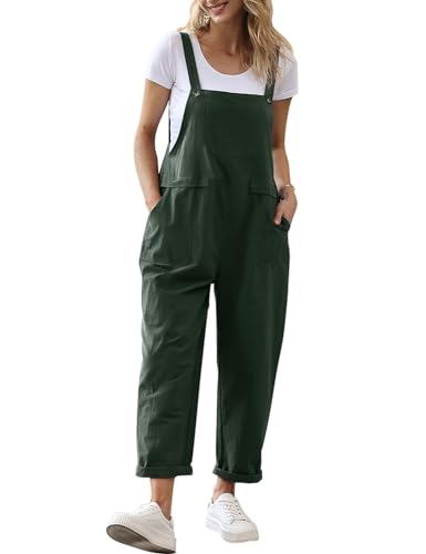 YESNO Damen Latzhose Sommer Oversize Trägerhose Beiläufig Loose Bib Pants Overall Baggy Jumpsuit Strampler Sommerhose mit Träger L PV9DE Dunkelgrün