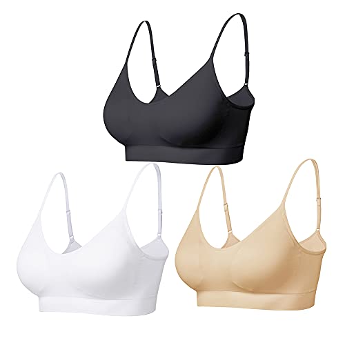 Comfyin Bustier Damen Gepolstert Sport BH Set ohne Bügel Yoga BH Top 3er Pack,Schwarz+weiß+beige,XL