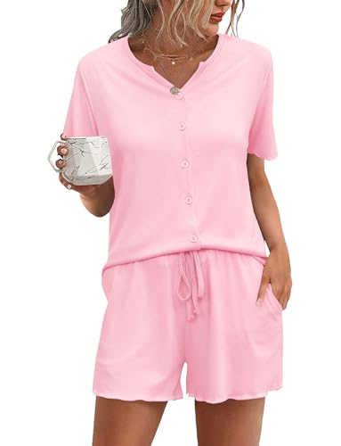 Demegimi Schlafanzug Damen Kurz Pyjama Baumwolle Sommer Shorty Nachtwäsche Kurzarm Schlafanzüge mit Knopfleiste S-XXL