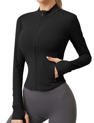 IECCP Sportjacke Damen Gym Sport Oberteile Laufjacke Damen-Jacken Sportkleidung Frauen Langarm Trainingsjacke Dünne Jacke Fitness Activewear Yoga Shirt Top Schwarz L