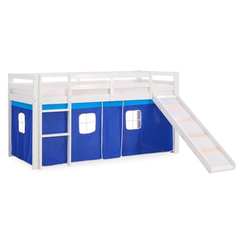 Homestyle4u 1544, Kinderbett 90x200 Weiß, Hochbett mit Rutsche Vorhang Blau, Holz Kiefer