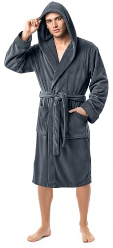 NY Threads Morgenmantel für Männer mit Kapuze, Kuschelig weich, Loungewear und Nachtwäsche (Dunkelgrau, Groß)