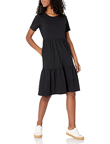 Amazon Essentials Damen Kurzärmliges, gestuftes Kleid mit Rundhalsausschnitt, Schwarz, L