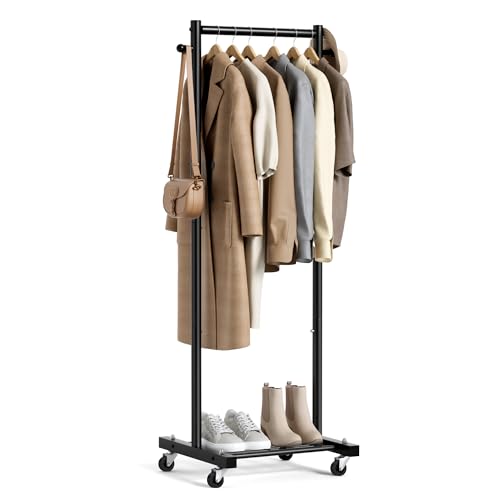 MISSLO Kleine Kleiderstange auf Rollen, Schmal Kleiderständer mit Ablagen, 152 cm Metall Garderobenstange, Tragbarer, Freistehender Roll Kleider ständer für Kleine Räume, Schwarz