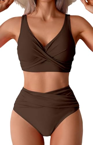 Sangdut Bikini Damen Set Push up High Waist Sexy Triangel Breites Unterbrustband Mit Cups Zweiteiliger Badeanzug Swimsuits(Kaffeebraun,XL)