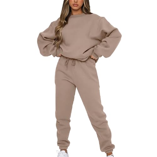 amropi Trainingsanzug Damen Pullover Sweatshirt und Jogginghose Warm Vlies Kleidungsset (Braun,S)
