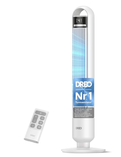 DREO 23dB Leiser Turmventilator, Ventilator mit Kühlung, Fernbedienung für Schlafzimmer, Tower Fan mit 4 Geschwindigkeiten, 3 Modi, 9,8 m Windreichweite, 8H Timer, 90° Oszillierend für Wohnzimmer