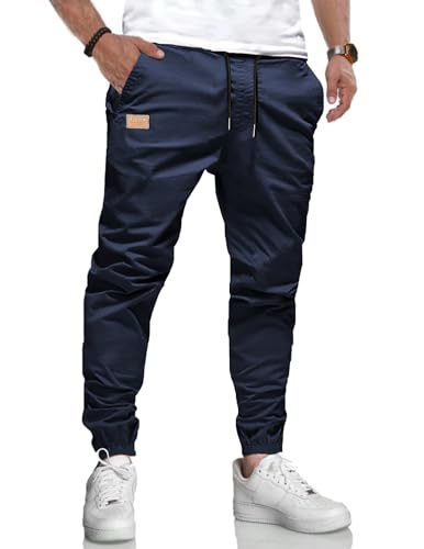 LIUPMWE Herren Hose Chino Cargohose Jogginghose Baumwolle Casual Sporthose Sweatpants Herren mit Taschen Freizeithose Elastische Taille mit Kordelzug,L,Blau
