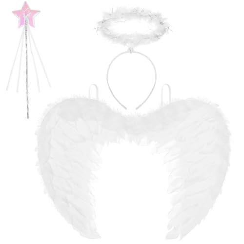 AUYAO Engel Kostüm Kinder Engelsflügel Weiß Feenflügel 4PC Amor Kostüm Set mit Federflügel/Engel Flügel Stirnband/Feenstab/Aufkleber Feen Kostüm Cosplay für Halloween Karneval Geburtstag Verkleidung