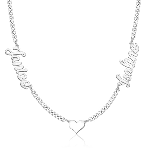 TERRALIX Personalisierte Namenskette mit Curb Chain – Edelstahl Silber – Handgefertigte Familienkette als Geschenk für Mama, Ehefrau & Kind (Muttertag, Geburtstag (2 Names with Heart)