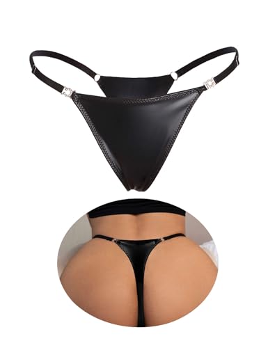 ohyeahlady String Tanga Damen Sexy Dünn PU Leder Brasilien Slip Wetlook Dessous Große Größen Unterhosen Panty Höschen High Waist Briefs Stretch Underwear Reizwäsche Schlüpfer Schwarz XL