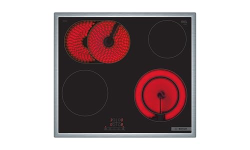 Bosch PKN645BA2E Serie 4 Elektrokochfeld, autarkes Glaskeramik-Kochfeld 60 cm breit, TouchSelect, Bräterzone, ReStart, Umlaufender Rahmen, Kindersicherung, Schwarz