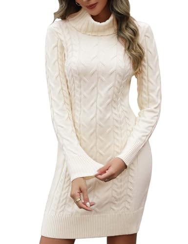 heekpek Strickkleid Damen Herbst Winter Rollkragen Pulloverkleid Langarm Strickkleider Elegant Bodycon Kleid Zopfmuster Warme Winterkleider, Beige, M