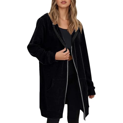 Lang Sweatjacke Damen-Hoodie mit Kapuze Fleecejacke Einfarbig Kapuzenjacke Herbst Winter Übergangsjacke Casual Locker Kapuzenpullover Outwear Mantel Jacke mit Reißverschluss Taschen Y2K Streetwear