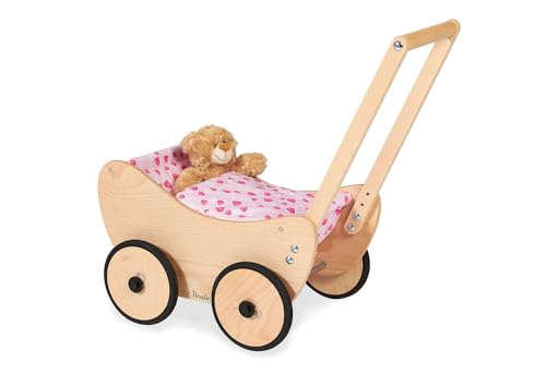 Pinolino Puppenwagen Trixi, aus Holz, inkl. Bettzeug und Bremssystem, Lauflernhilfe mit gummierten Holzrädern, für Kinder von 1 – 6 Jahren, natur