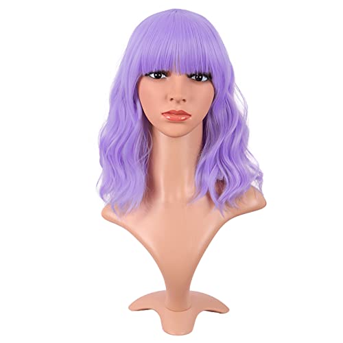 MapofBeauty 14 Zoll/35 cm Kurze Gewellte Lockige Frauen Frische Helle Synthetische Gewöhnliche Flache Pony Bob Perücke (Hell Lila)