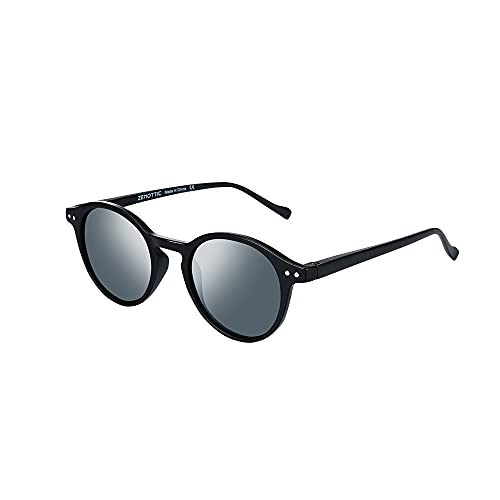 ZENOTTIC Sonnenbrille Polarisiert Rund Retro Klassisch UV 400 Schutz Vintage Rahmen für Herren Damen (MATT SCHWARZ + GRAU)