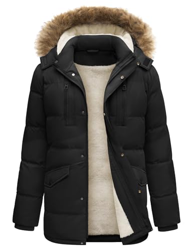heekpek Herren Winterjacke Outdoor Parka Jacken Lang Männer Warme Winddicht Wasserabweisend Fleece Gefüttert Wintermantel mit Kapuze, Schwarz, XL